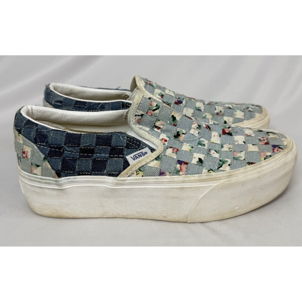 Vans Slip On Stacked Woven Size 8 Floral Platform Shoes Jean Denim Patch Work